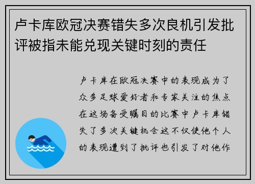 卢卡库欧冠决赛错失多次良机引发批评被指未能兑现关键时刻的责任