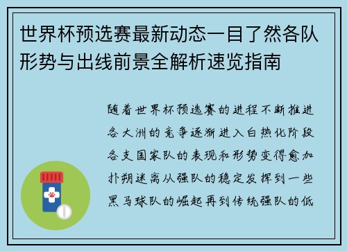 世界杯预选赛最新动态一目了然各队形势与出线前景全解析速览指南