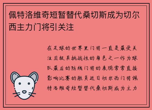 佩特洛维奇短暂替代桑切斯成为切尔西主力门将引关注