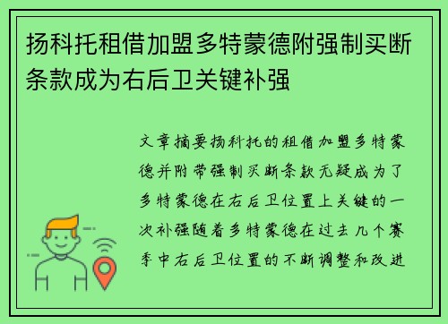 扬科托租借加盟多特蒙德附强制买断条款成为右后卫关键补强 扬科托租借加盟多特蒙德附强制买断条款成为右后卫关键补强